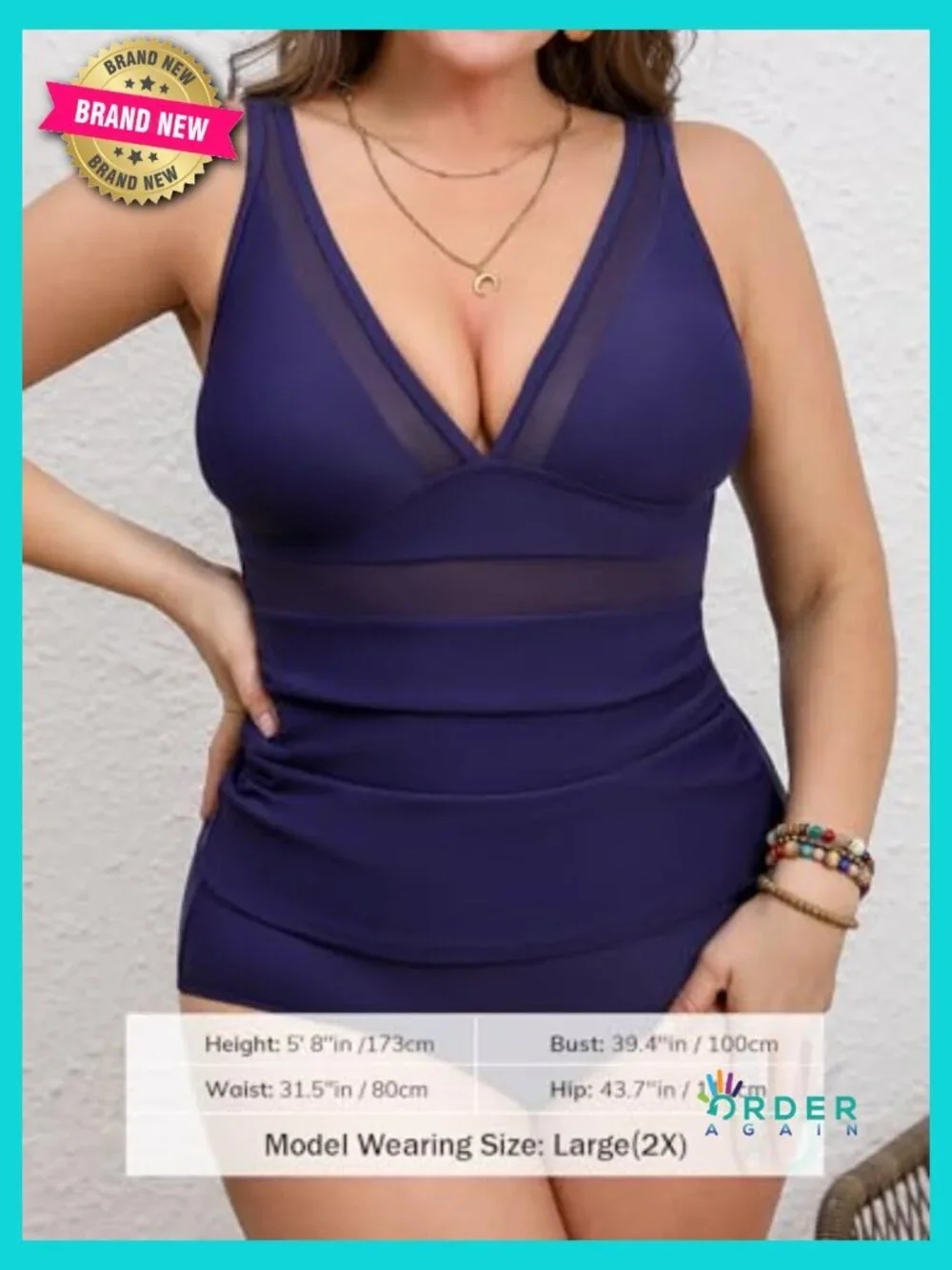 Plus Size Tankini Set Deep V Neck Mesh Two Piece Swimwear Adjustable Straps Mid